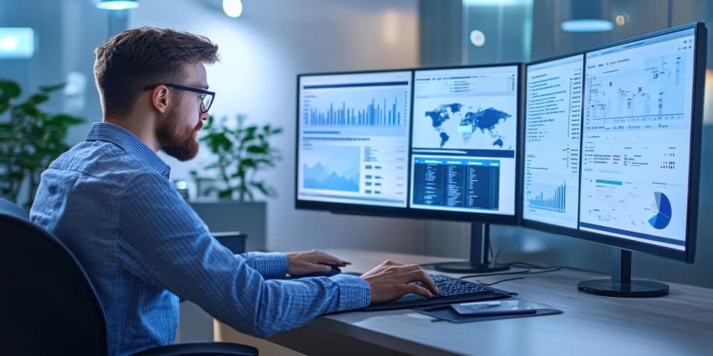 Profesional analizando dashboards y métricas de datos en múltiples monitores, representando la observabilidad de datos