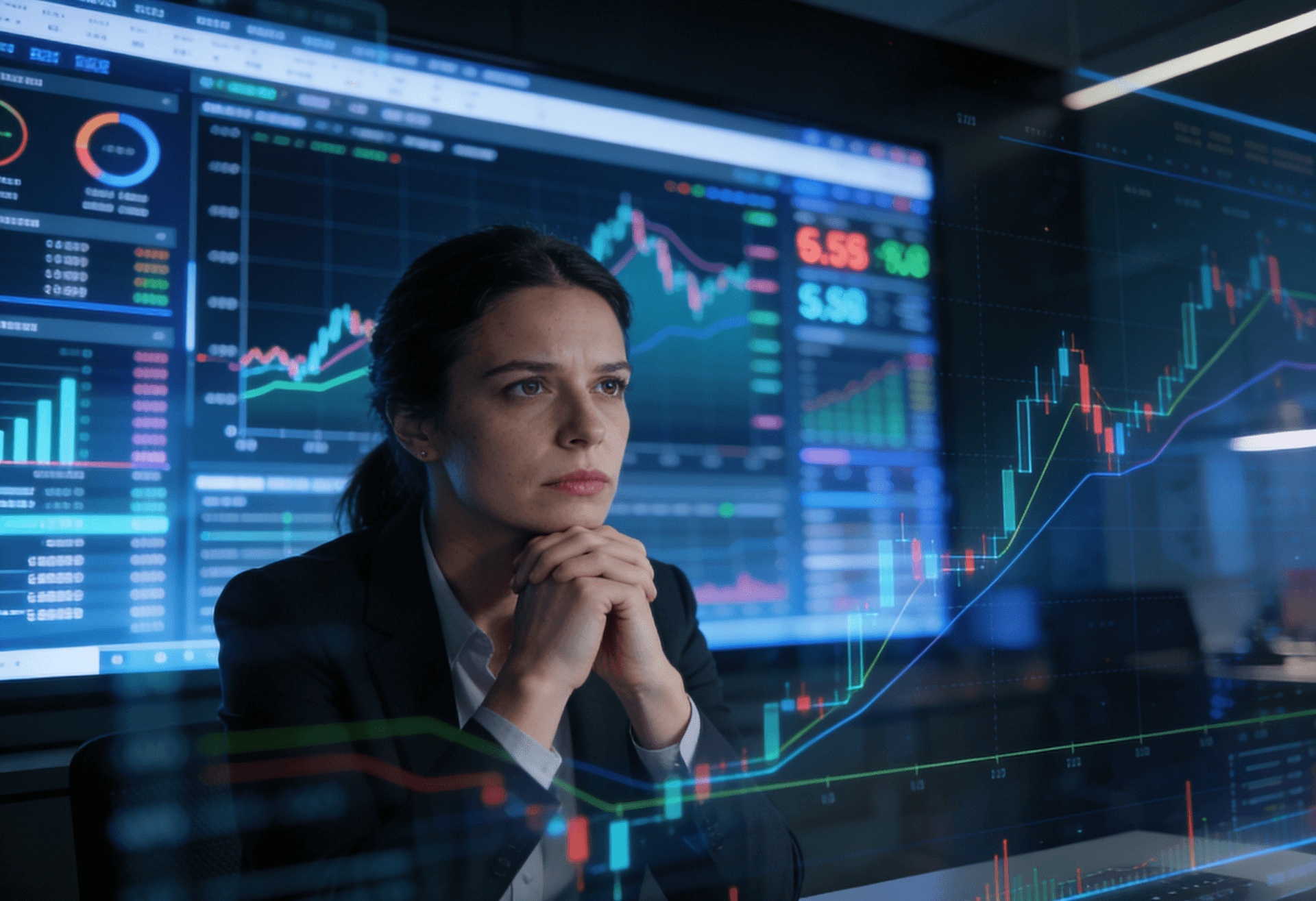 Profesionales bancarios operando con interfaces de inteligencia artificial